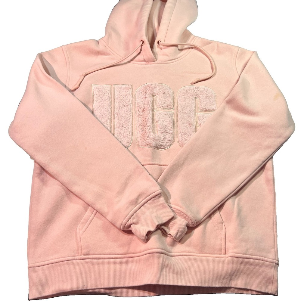 EUC UGG Rey Fuzzy Faux Fur Fleece Sweatshirt Light Pink Hoodie Women's L READ